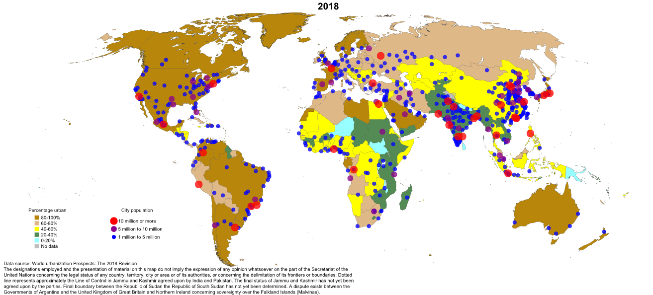 Map showing the percentage of countries' population living in cities (2018)