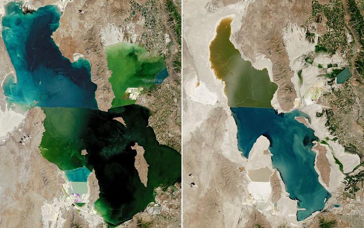 The Great Salt Lake in June 1985 (left) and July 2022 (right)