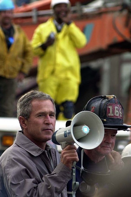 George Bush addresses rescue workers at Ground Zero
