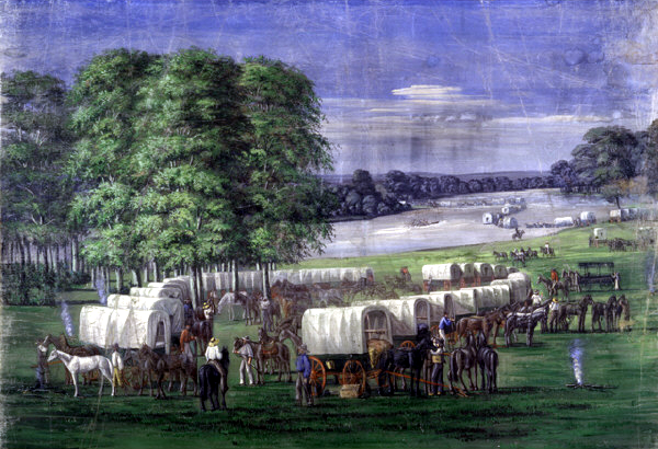 Pioneers on the Oregon Trail cross the Plains.