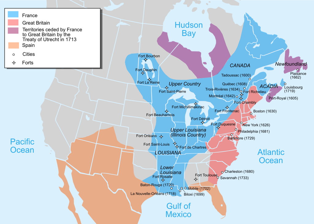 The 1750 possessions of Britain, France and Spain