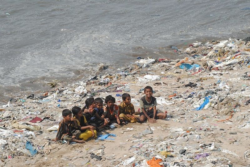 Plastic waste on the beach north of Mumbai, India