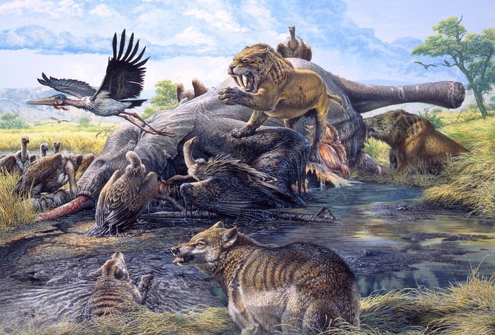 Scavengers feed on a dead Columbian mammoth.