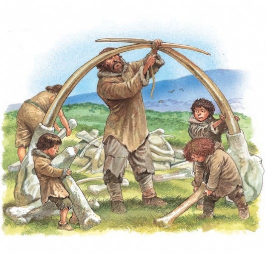Building a shelter using mammoth tusks and bones
