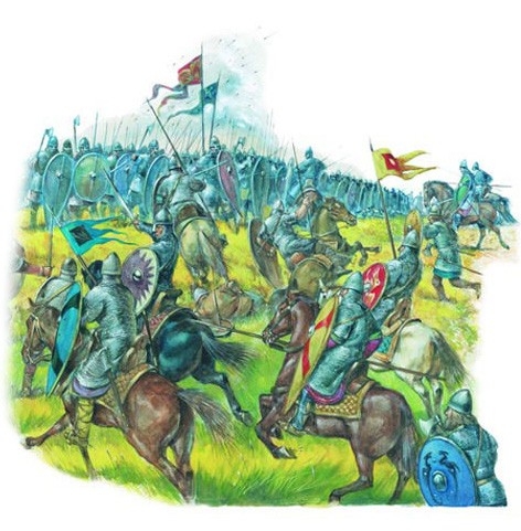 Norman horsemen mount an attack at Hastings.