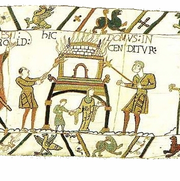 Norman soldiers torch a Saxon house.