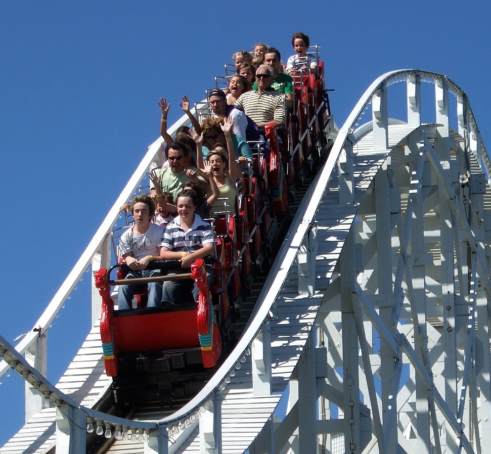 Rollercoasters are pulled downwards by gravity.