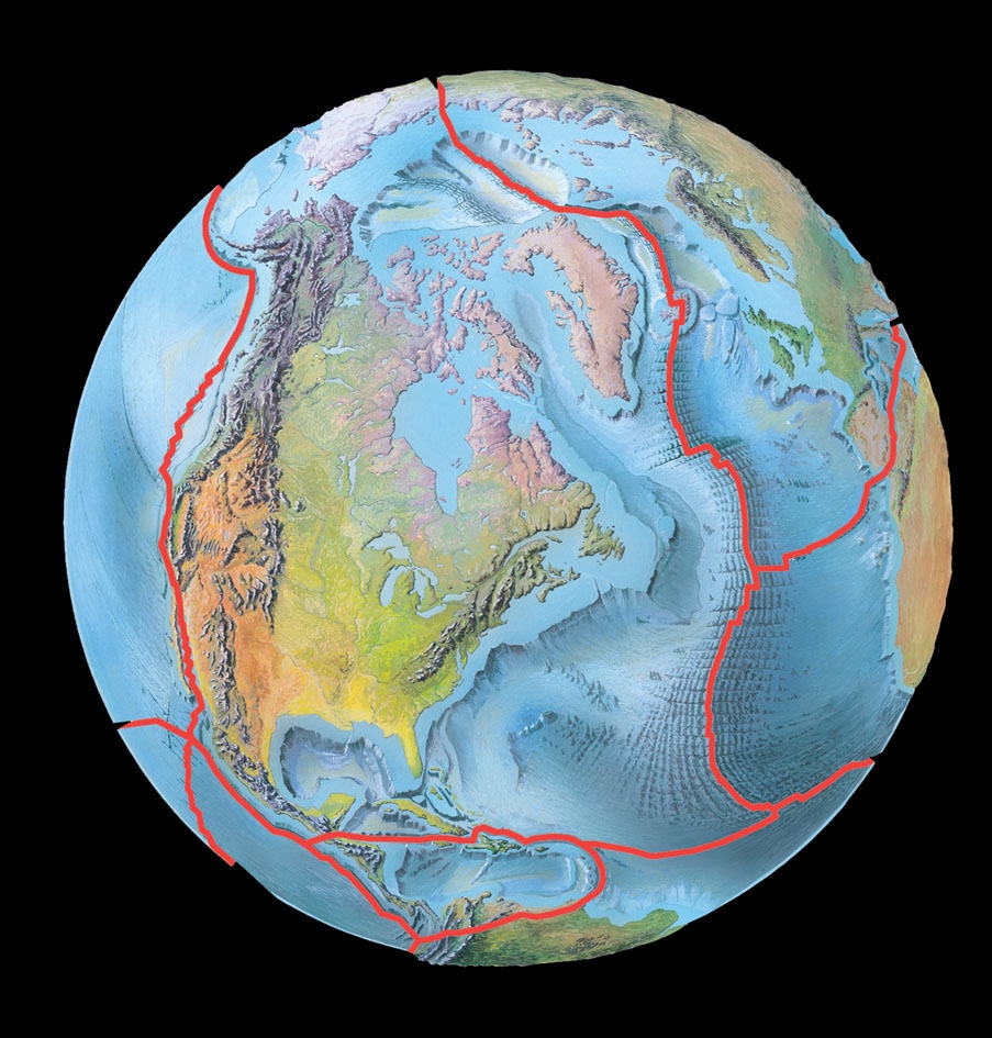 Tectonic plate edges shown in red