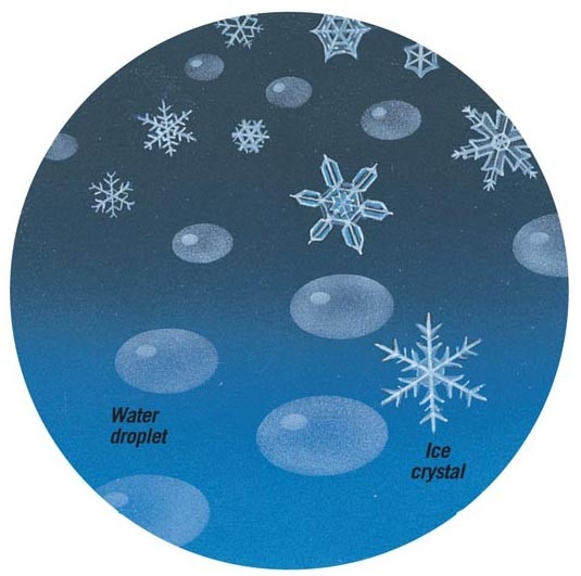Water droplets and ice crystals