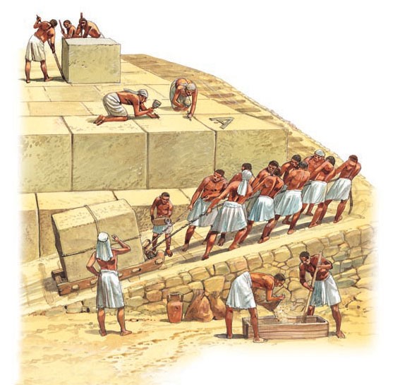 Pyramid workers haul stone blocks using ramps