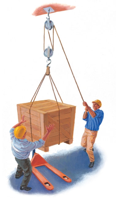 A pulley lowers a crate from a lorry