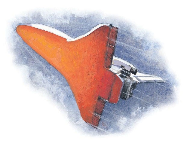 The underside of the Shuttle orbiter glows red hot.