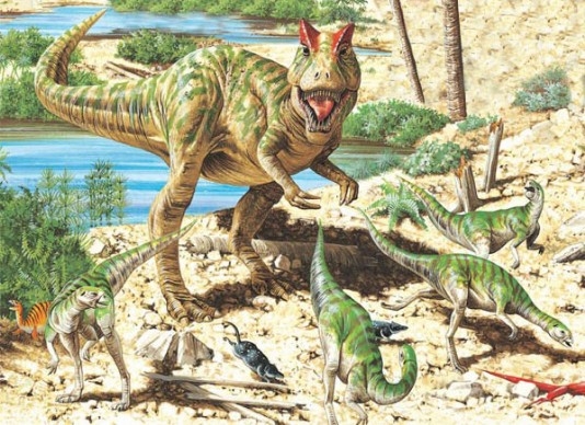 Allosaurus threatens a group of Dryosaurus.