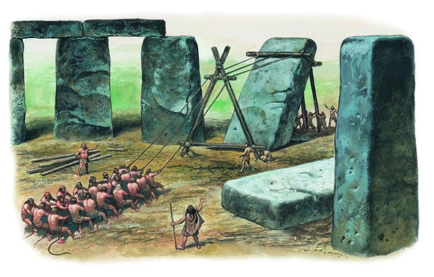 Workers haul a standing stone into place