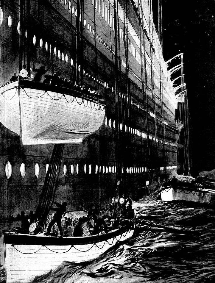 Lifeboats being lowered over Titanic's side