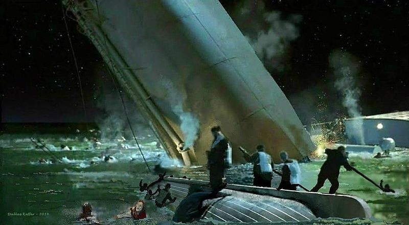 Swimmers scramble aboard an overturned lifeboat.