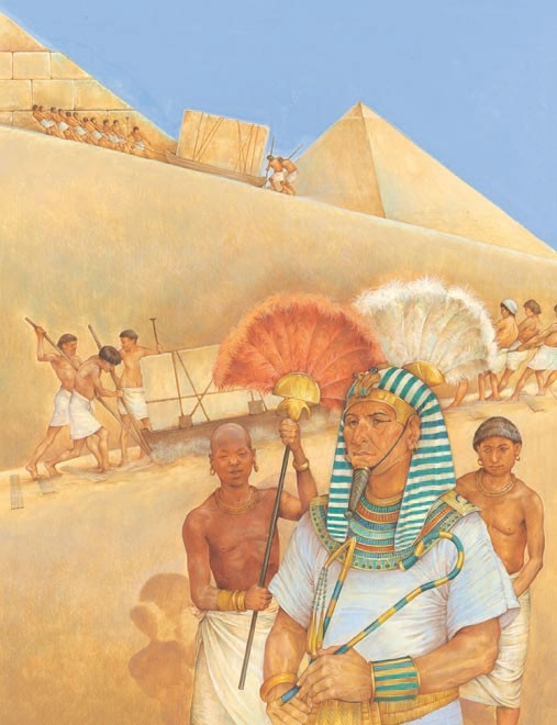 A pharaoh oversees the building of a pyramid.