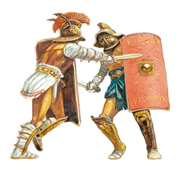 A Myrmillo (right) battles a Hoplomachus