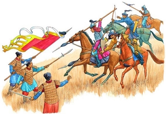 Mongol horsemen attack Chinese soldiers.