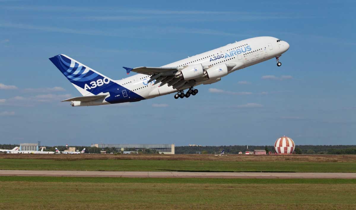 An airliner takes off