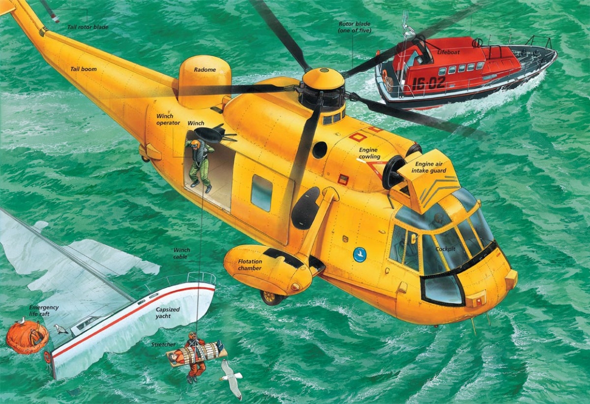 A helicopter carries out a rescue at sea.