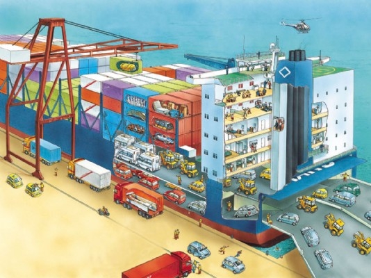 Cutaway illustration of a container ship