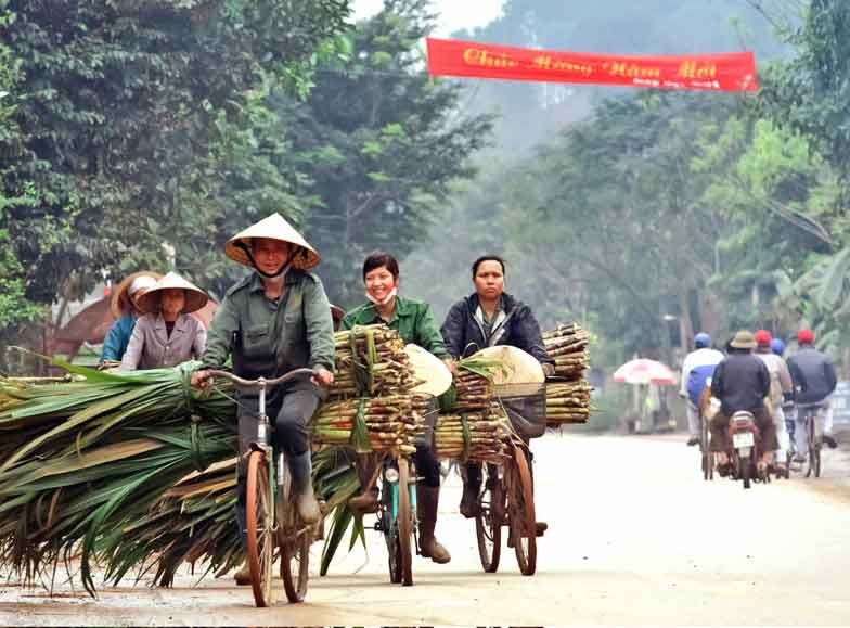 Cyclists in a Vietnamese village