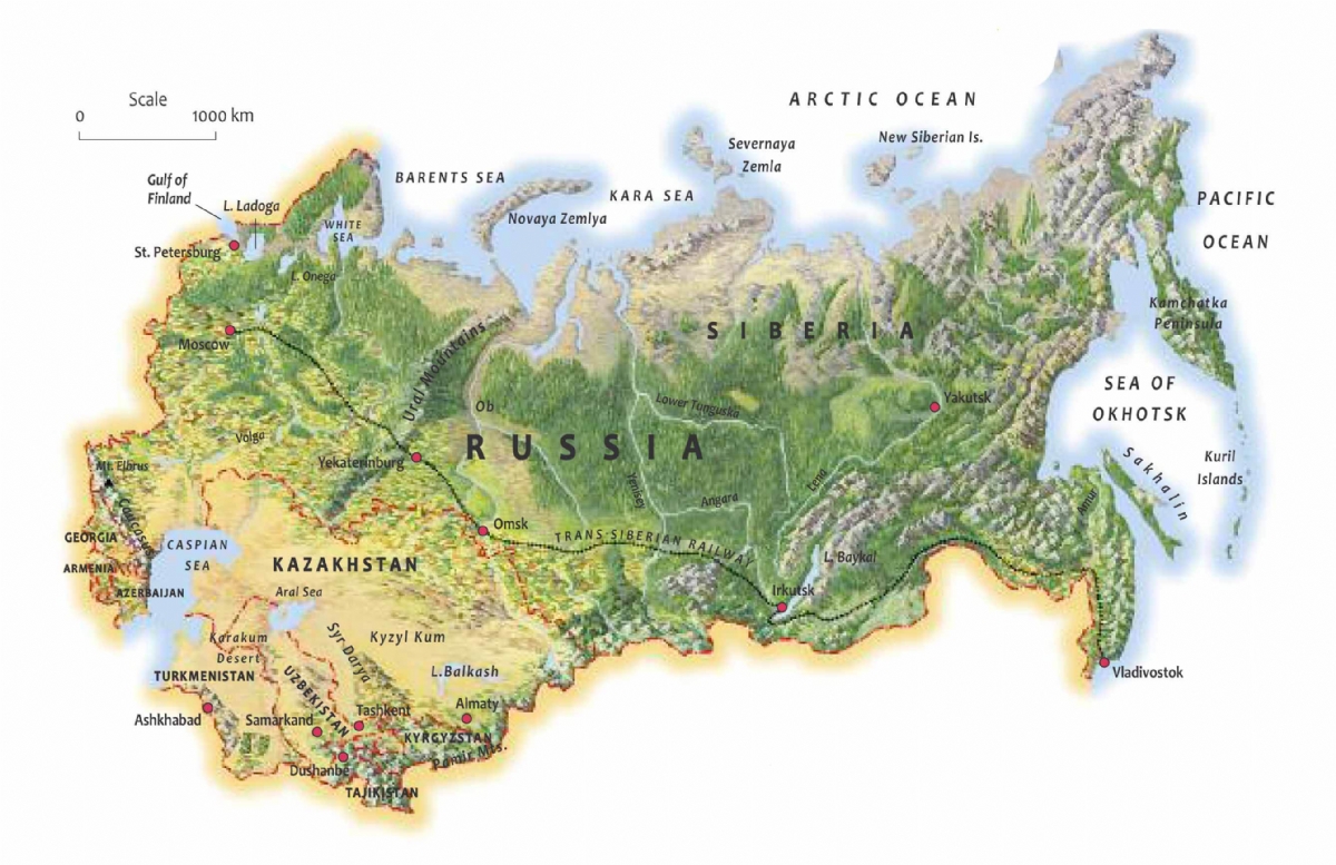 A map of Russia, Caucasus and Central Asia
