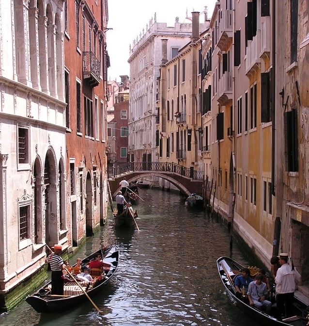 Gondolas on a canal in Venice