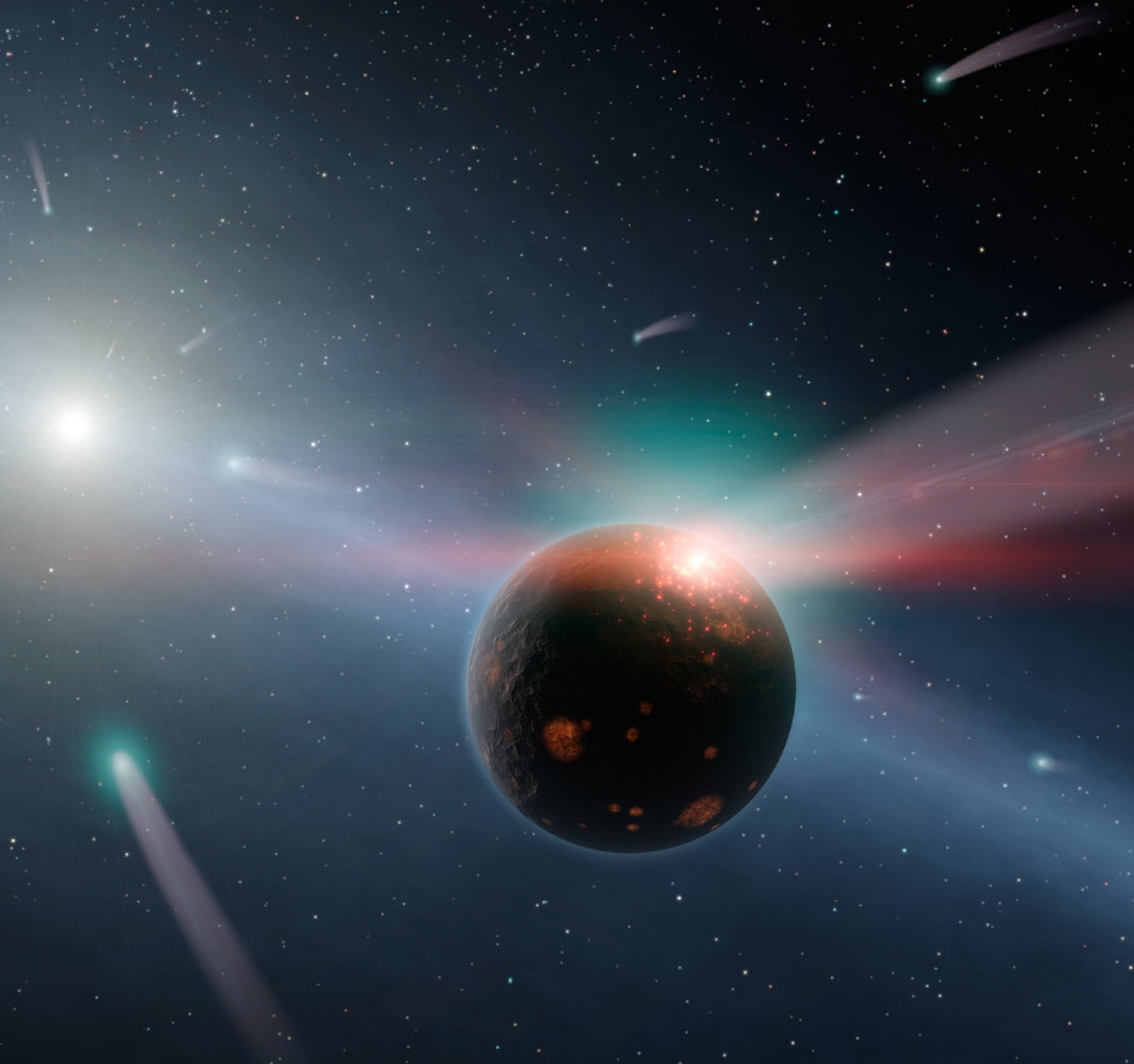 A rocky planet being bombarded by a storm of comets