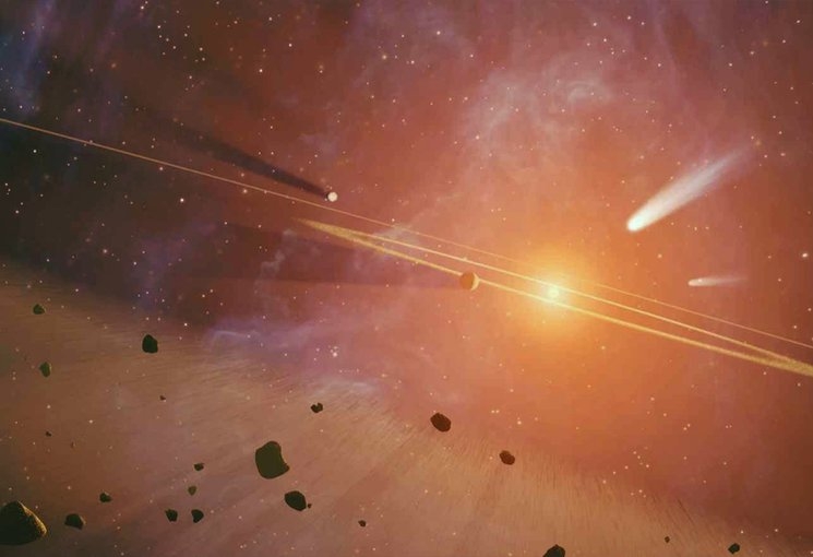 Planetesimals form from a disc of dust and gas.