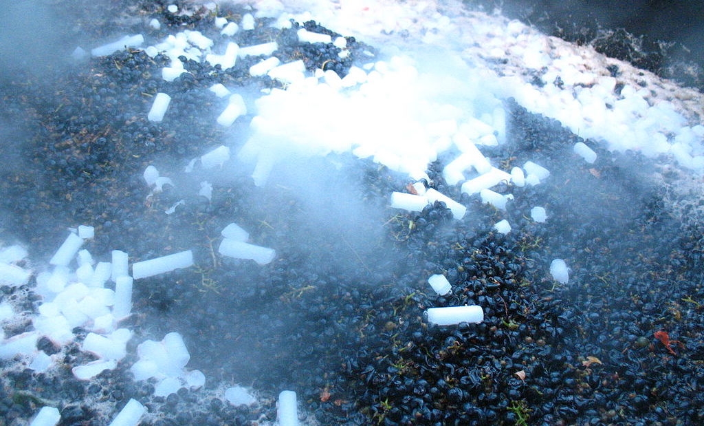 Dry ice being used to preserve grapes