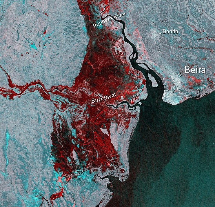 Extent of the floods (in red) caused by Cyclone Idai