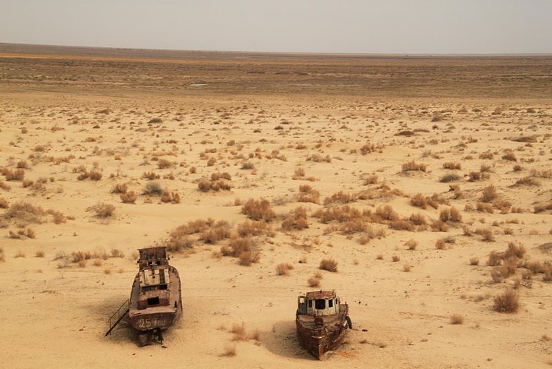 Abandoned ships at the former shore of the Aral Sea