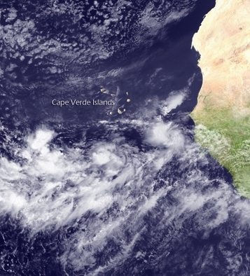A band of clouds mark the ITCZ west of Africa