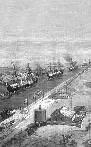 Ships sailing through the Suez Canal, 1869