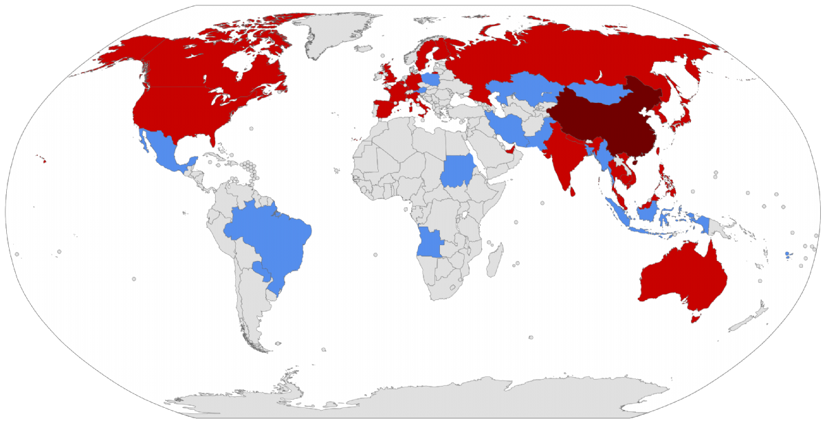 Confirmed cases (red), suspected (blue), 8th Feb