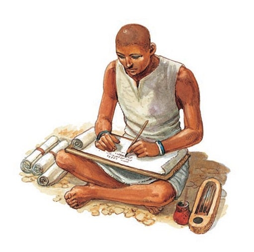 An Egyptian scribe writing on a papyrus scroll