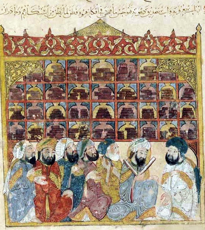 13th century illustration of a library in Baghdad