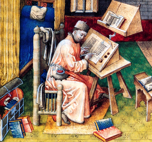 A priest translating work from Latin into French