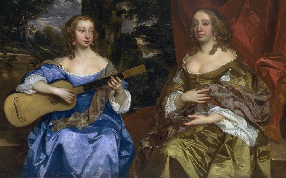Women wearing fashionable satin dresses in around 1660