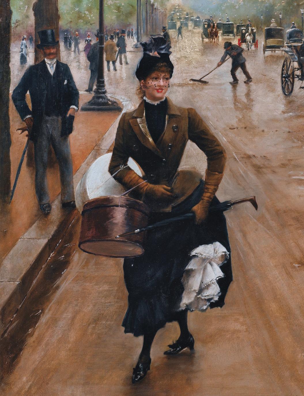 A fashionable Parisian woman in the 1880s wearing a bustle