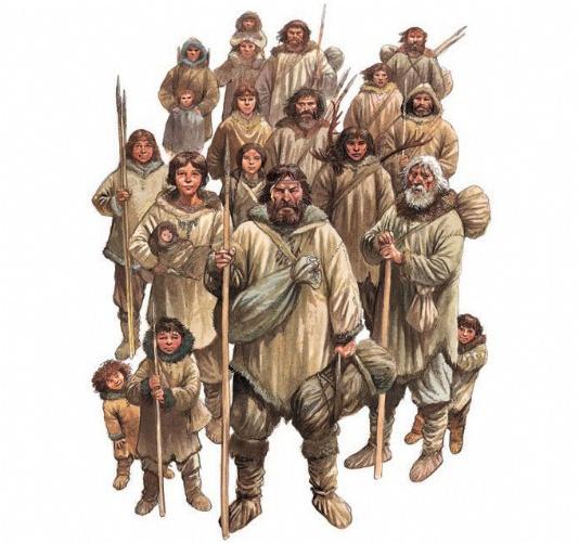 Stone Age people wearing clothing made from animal skins