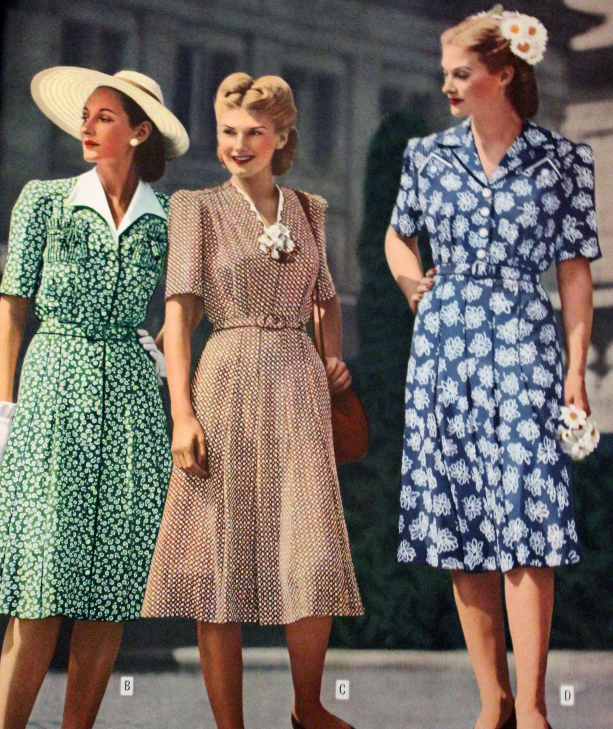 Women wearing shirtwaist dresses in the 1940s