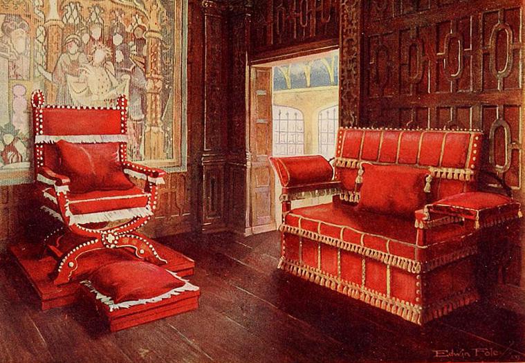 A room in a 17th-century English manor house, showing one of the earliest known sofas (right)