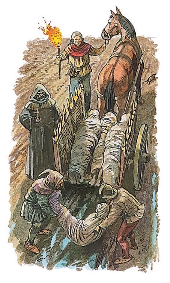 Victims of the Black Death are carted away