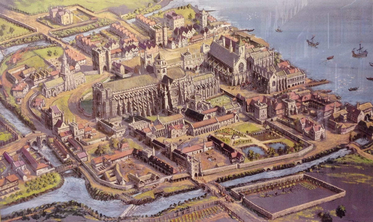 Aerial view of Westminster in medieval times
