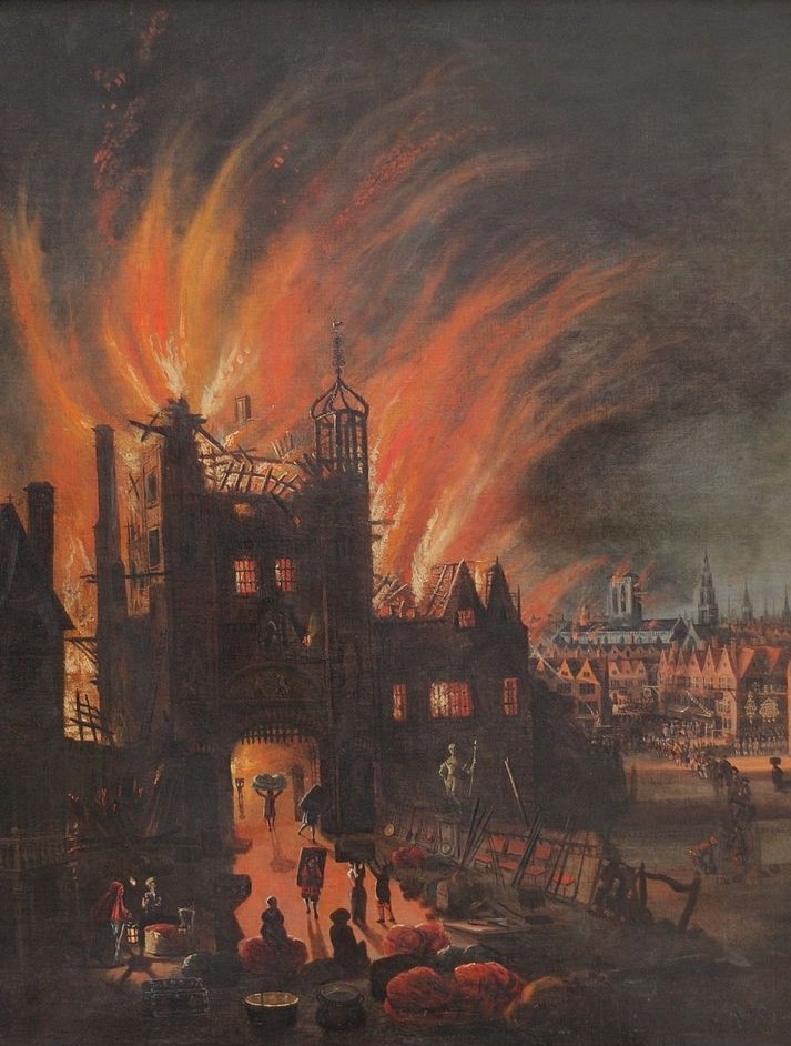 Flames consume Ludgate during the Great Fire.