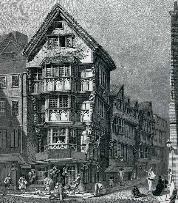 A jettied, timber-framed building