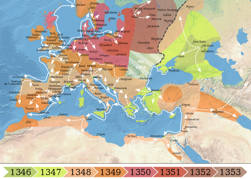 The spread of the Black Death in Europe and Middle East